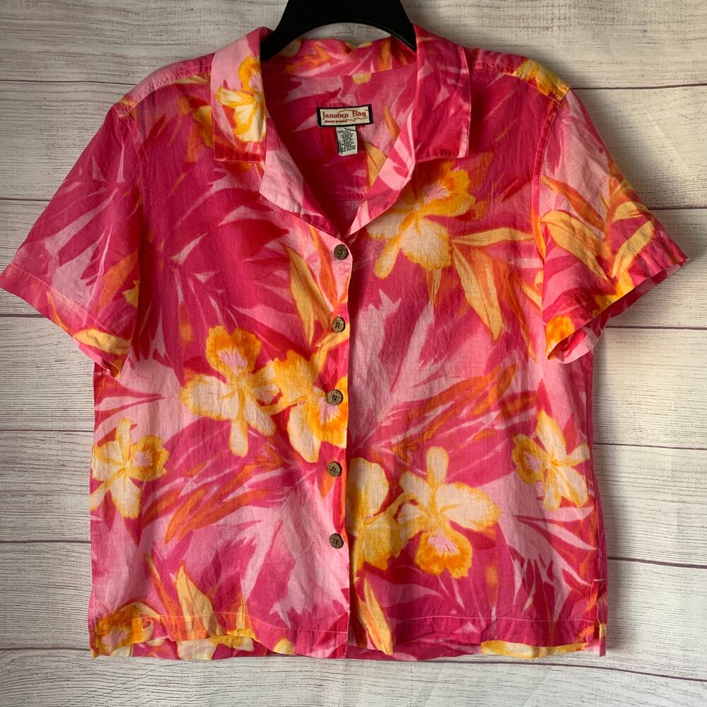 Vintage Jamaica Bay Floral Hawaiian Shirt Short Sleeve Button Up Cotton Size L